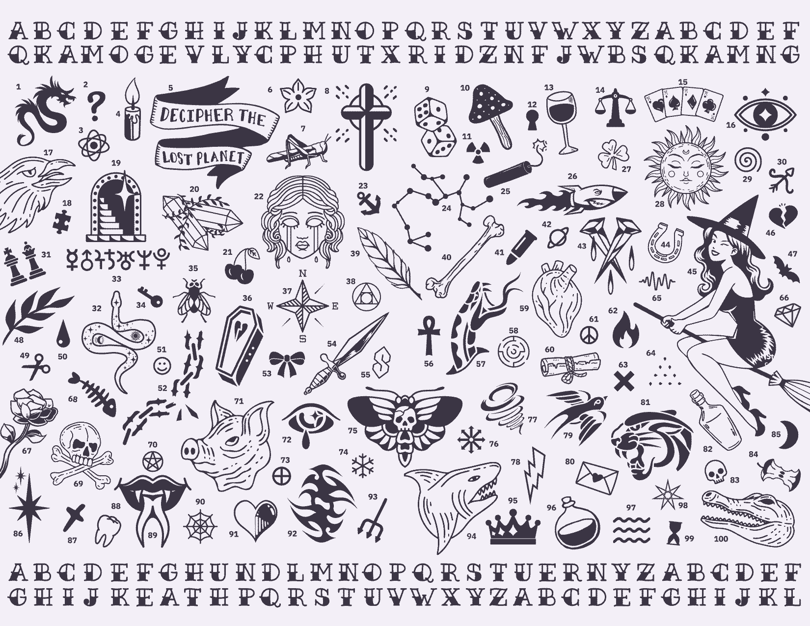 A gif of 5 miscellaneous pages from the book, including a tattoo spread, dice diagram, character sheet, and dungeon.